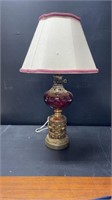 Brass Colored & Cranberry Glass Lamp 25" High