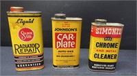 3 Vintage Tin Cans Of Radiator Repair, Auto Wax &