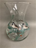 Exceptional Hand Painted Chickadees Vase 8"