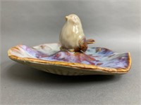 Vintage Raku Ceramic Bird and Bath Figure