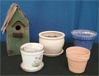 Box-Wood Birdhouse & 4 Flower Pots