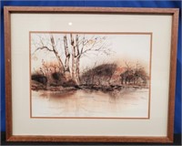 Framed Water Color Trees and Stream