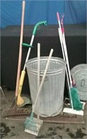 Metal Trash Can With Yard & Housekeeping Tools