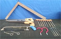 Box Square, 3 Saws, Hooks, Stakes, Misc