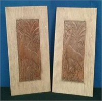 Pair Giraffes Carved In Wood, Approx. 6 1/2"×14"
