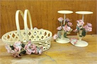 Pink floral Basket and 2 candleholders