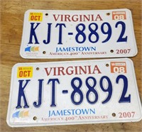 Pair of Virginia license plates 400th anniversary
