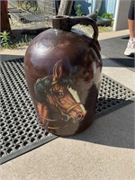Lg Brown #4 crock jug 18” tall horse head