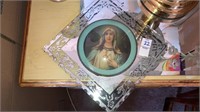 Antique convex glass Catholic mirrored picture