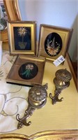 Brass tie backs, dried floral shadow box pictures