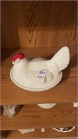 Vintage milk glass hen on nest dish/2 pieces
