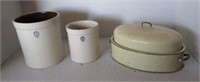 (2) Crocks & Vintage Porcelain Roasting Pan