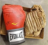 SIGNED BOXING GLOVE, BALL GLOVE