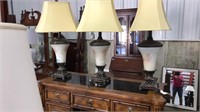 3 GLASS AND BRASS LAMPS W/SHADES