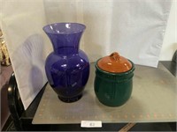 Blue vase & small pottery piece with lid
