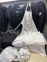 9 white apron and cap sets, 4 black