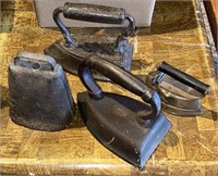 Antique Flat irons  / Cow Bell / Ships