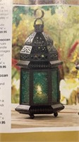 New Green Glass Moroccan Lantern 10.25" High