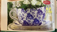 New Blue Floral Teacup Planter 63/4" High 12 3/8 "