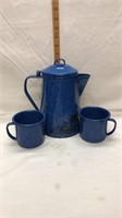 Blue Enamel Coffee Pot & Mugs