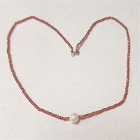 SILVER FRESH WATER PEARL AND GARNET 17"  NECKLACE