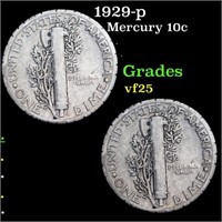 1929-p Mercury Dime 10c Grades vf+