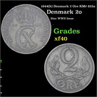 1944(h) Denmark 2 Ore KM# 833a Grades xf