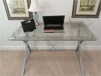 MODERN GLASS DESK AND CONTENTS