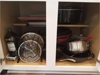 GROUP LOWER CABINETS- POTS AND PANS, MISC CROCK