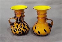 Yellow Leopard w/ Applied Handle Art Glass Vases