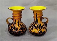 Yellow Leopard w/ Applied Handle Art Glass Vases