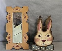 Wooden Folk Art Bunny Basket & Painted Mirror