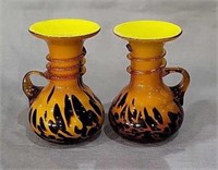 Yellow Leopard w/ Applied Handle Art Glass Vases