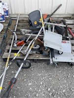 (I) Pallet Lot With Vehicle Dollies, Weedeaters,
