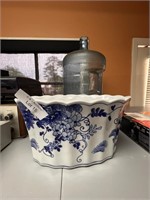 Blue & White Planter and 5 gallon water bottle