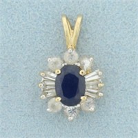 Blue and White Natural Sapphire Pendant in 14K Yel