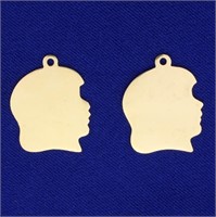 2 Girl Silhouette Pendants or Charms in 14K Yellow