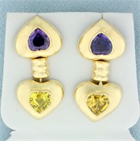 5ct TW Purple and Yellow Sapphire Dangle Heart Ear