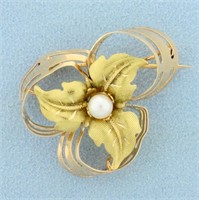 Hand Crafted Custom Design Pearl Leaf Pin in 18K Y