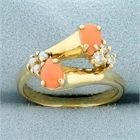 Pink Coral, Pearl and Diamond Ring in 14K Yellow G
