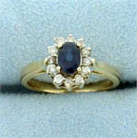 3/4ct TW Sapphire and Diamond Halo Ring in 14K Yel