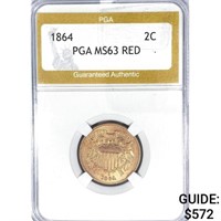 1864 Two Cent Piece PGA MS63 RED