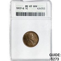 1917-S Wheat Cent ANACS MS63 BRN