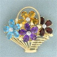 Rainbow Gemstone and Diamond Flower Basket Pin in