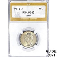 1934-D Washington Silver Quarter PGA MS63 Detail
