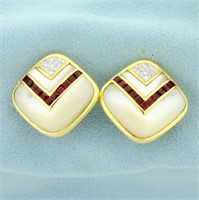 Ruby, Mother of Pearl and Diamond Clip On Earrings