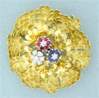 Designer Ruby, Sapphire and Diamond Flower Pin in