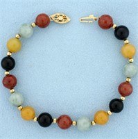 Multicolor Jade Ball Bead Bracelet in 14k Yellow G