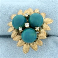 Turquoise And Diamond Flower Ring In 14k Yellow Go