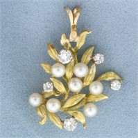 Diamond and Pearl Leaf Design Pendant in 18k Yello